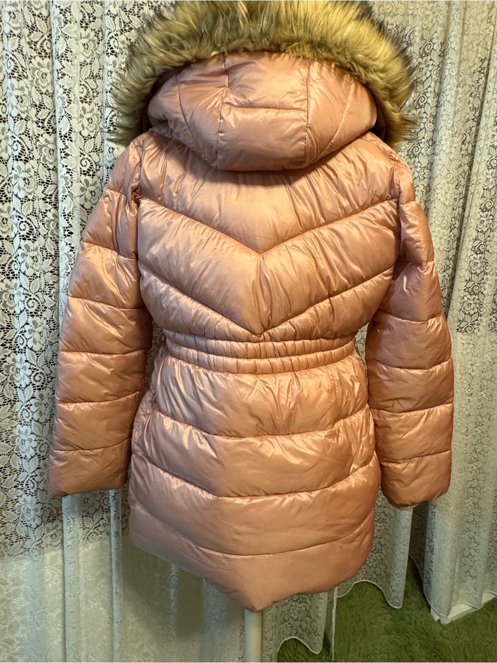 Abercrombie & Fitch Metallic Rose Gold Puffer Jacket Faux Fur Hood 13/14